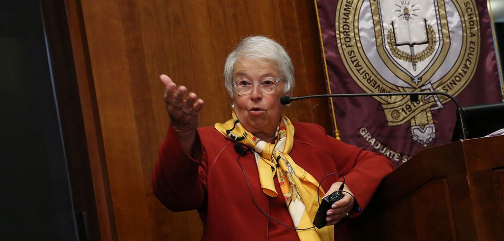 New York City Schools Chancellor Carmen Farina addresses an audience at the twelfth floor lounge