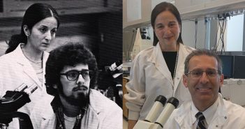 Then and Now (from left): Gloria Coruzzi and Christopher Proto pose for a 1976 yearbook photo in a Fordham lab. Four decades later, they recreated the moment in Coruzzi’s lab at NYU, where Proto teaches part time at the dental school.