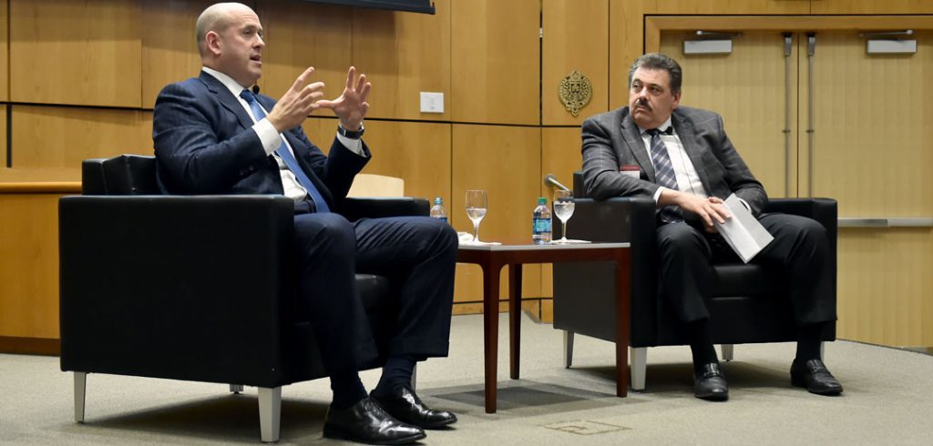 L-R) Harvey M. Schwartz, president and co-chief operating officer of Goldman Sachs, discusses the key to career success, with Joseph Mazzella, GABELLI '82