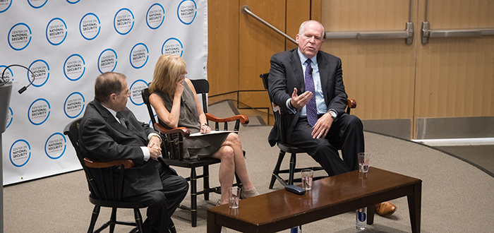 Jerold Nadler, Karen Greenberg and John Brennan sitting on a stage at the McNally Amphitheathre