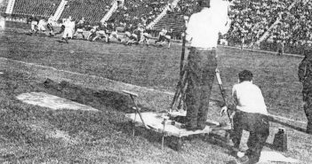 Camera crew on the field at Randall’s Island Stadium for a football gabe between Fordham and Waynesburg College, 1939