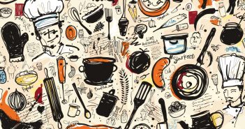 An illustration of food items and phrases.
