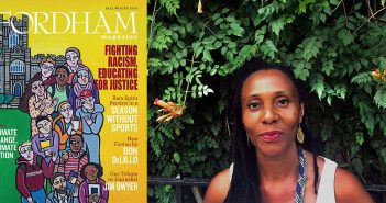 A composite image showing the cover of the fall/winter issue of Fordham Magazine and a portrait of Laura James, the artist who created the painting featured on the cover