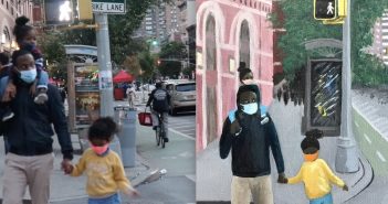 A side-by-side collage of a photograph of a father and his daughters on a street, wearing masks, and a painted version of that photo