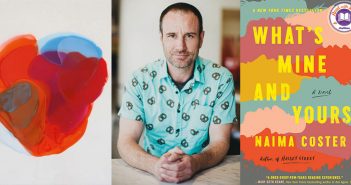 A composite image showing a "Blends" painting by Farida Hughes; Drew Ackerman, host of the podcast "Sleep with Me"; and the cover of the book "What's Mine and Yours" by Naima Coster