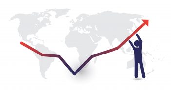A line with an arrow moving through a solid light gray map of the world and an outline of a stick figure person at the right side