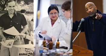 A composite image of three Fordham professors: Raymond Schroth, S.J., chemistry professor Ipsita Banerjee, and Mark L. Chapman, a professor of African and African American studies