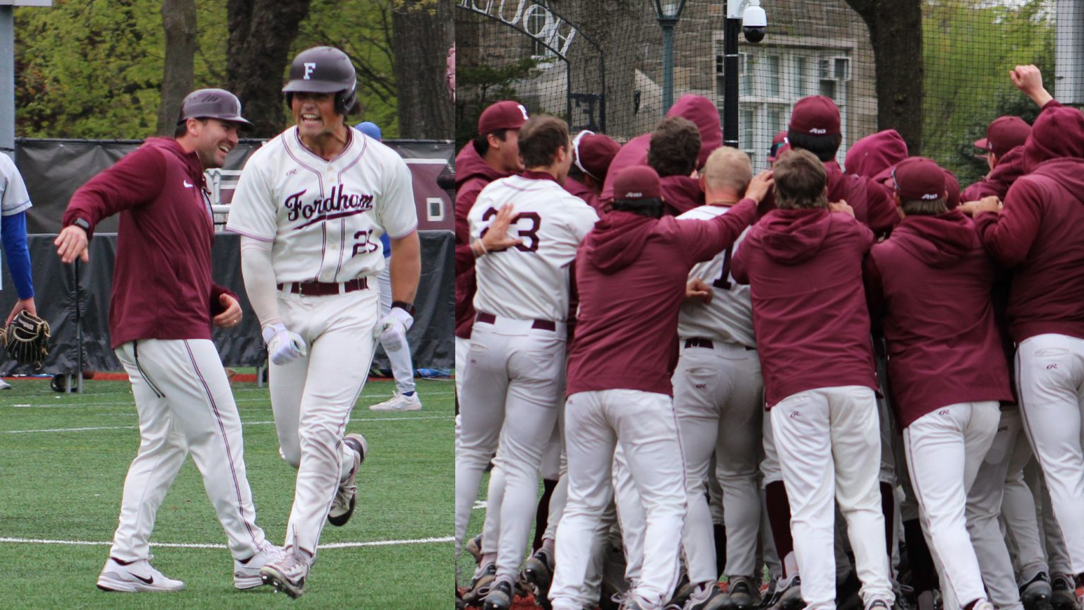 Baseball players celebrate after win