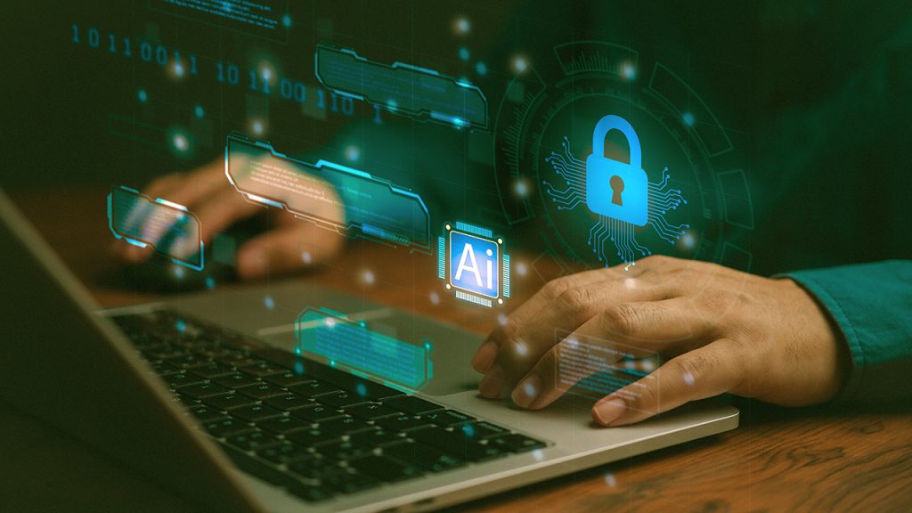 Rams in the News: Beyond The Swipe – How Artificial Intelligence Is Redefining Biometrics hands at a keyboard with AI and cybersecurity imagery mixed in