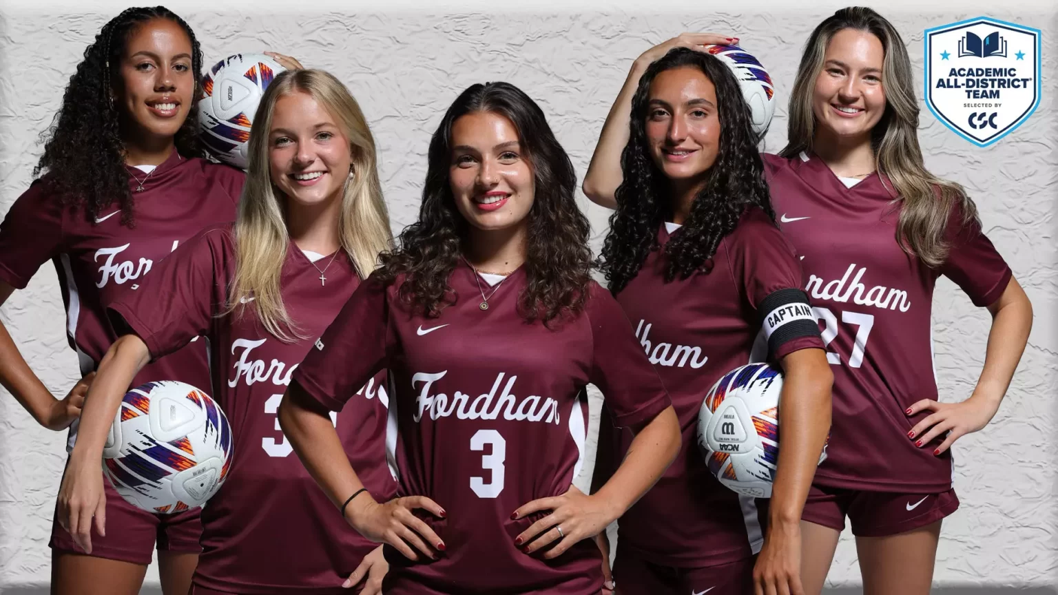 Five Women’s Soccer Players Garner Academic All-District Honors (l-r): Tristan McFarlane, Julia Holton, Sari Frankl, Ella Guth, & Abby Borchers in soccer uniforms