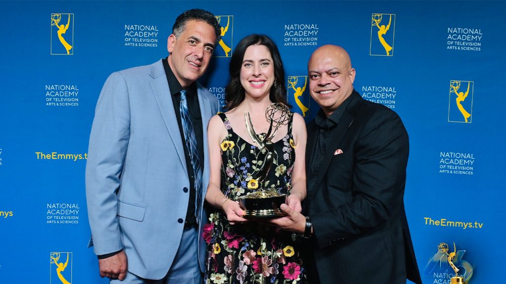Dan Slepian, Kimberley Ferdinando, and Jon-Adrian Velazquez at the News & Documentary Emmy Awards