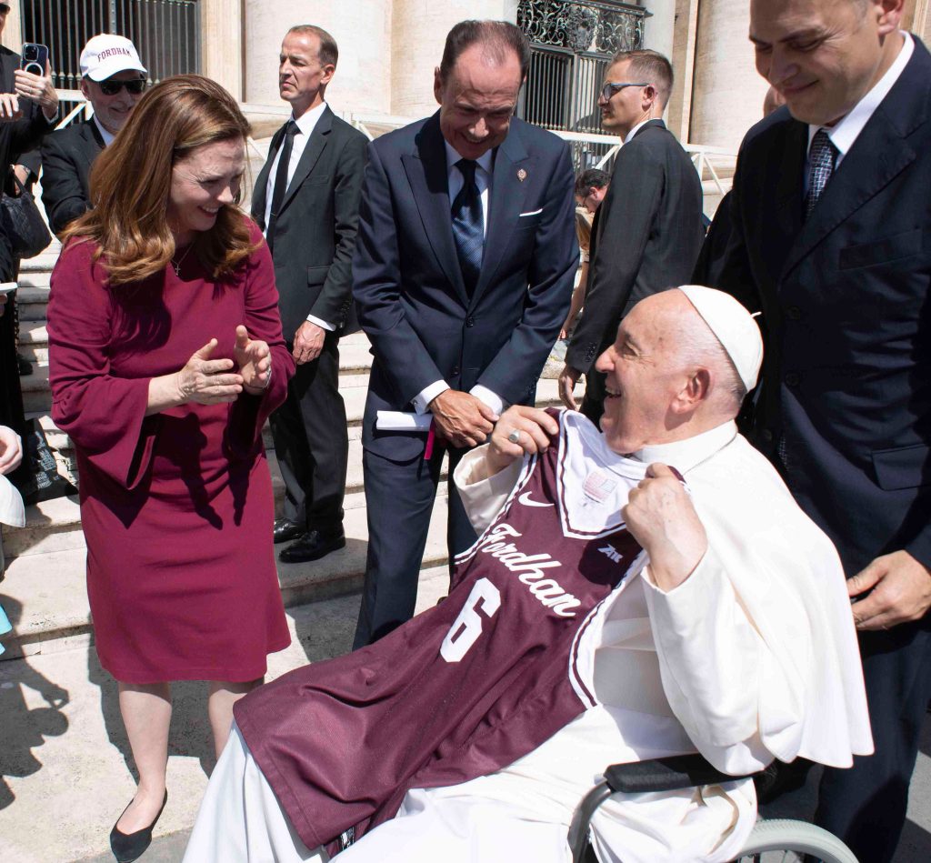 Fordham's president, Tania Tetlow, and its board chairman, Armando Nunez, meeting with Pope Francis