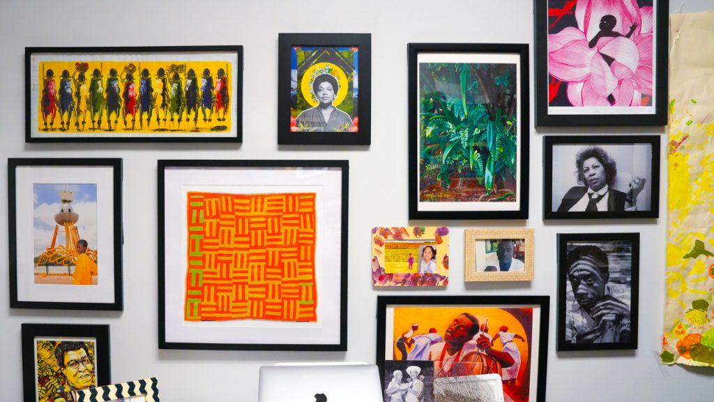 Framed artwork on an office wall