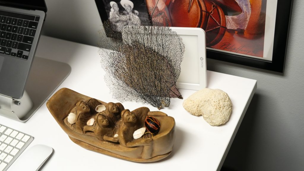 A boat figurine, sea fans, and a rock on a white table