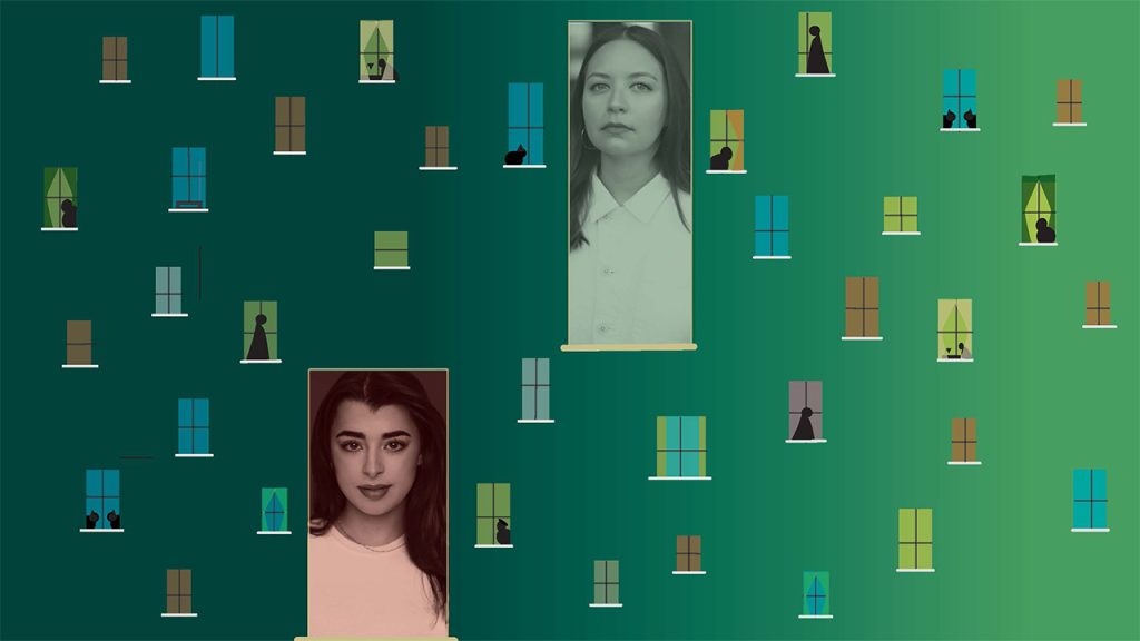 Lilian Rebelo and Dana Covarrubias's photos in windows similar to Only Murders in the Building's title screen.