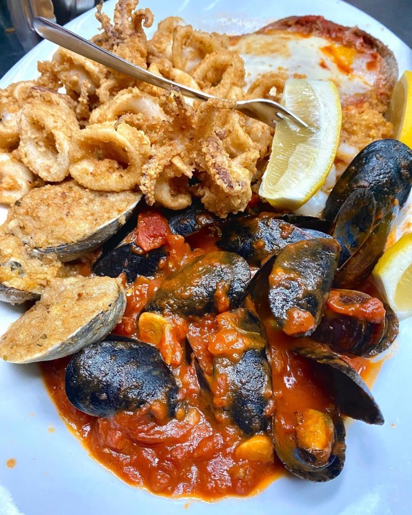 A photo of clams, muscles, and fried calamari from Antonio's Trattoria in the Bronx. 
