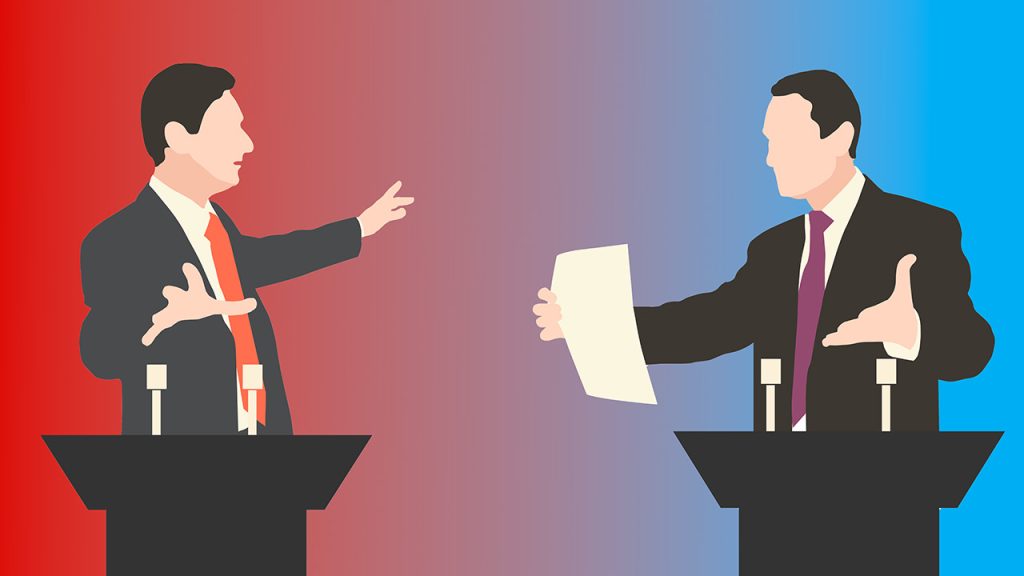 Rendering of two male political candidates debating