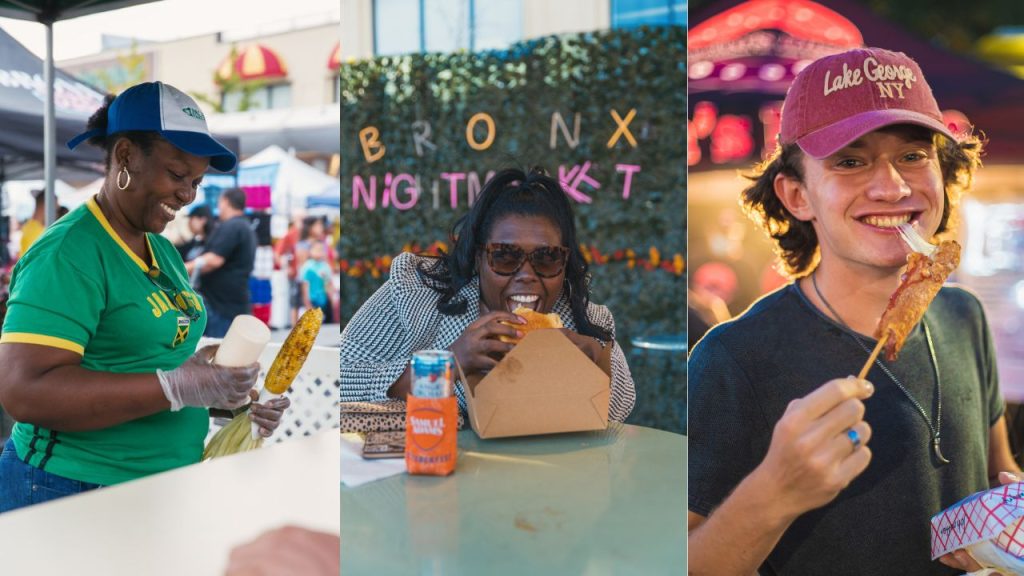 5 Things to Do in NYC | May 3 images cropped side by side. One woman holding corn on the cob, one woman eating a sandwich, and a man eating a large mozzarella stick.