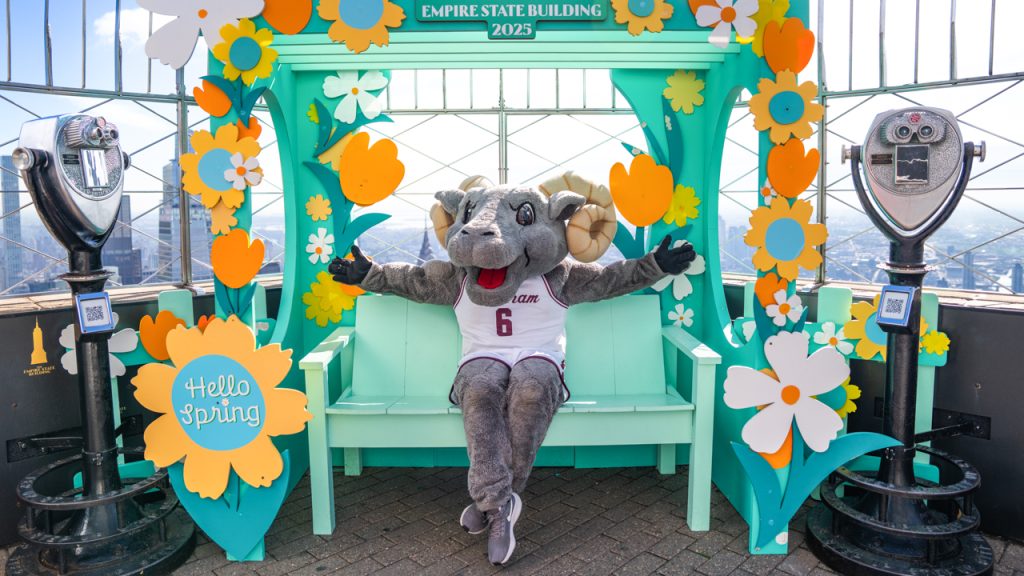 Rames sits on a green bench on top of the Empire State Building.