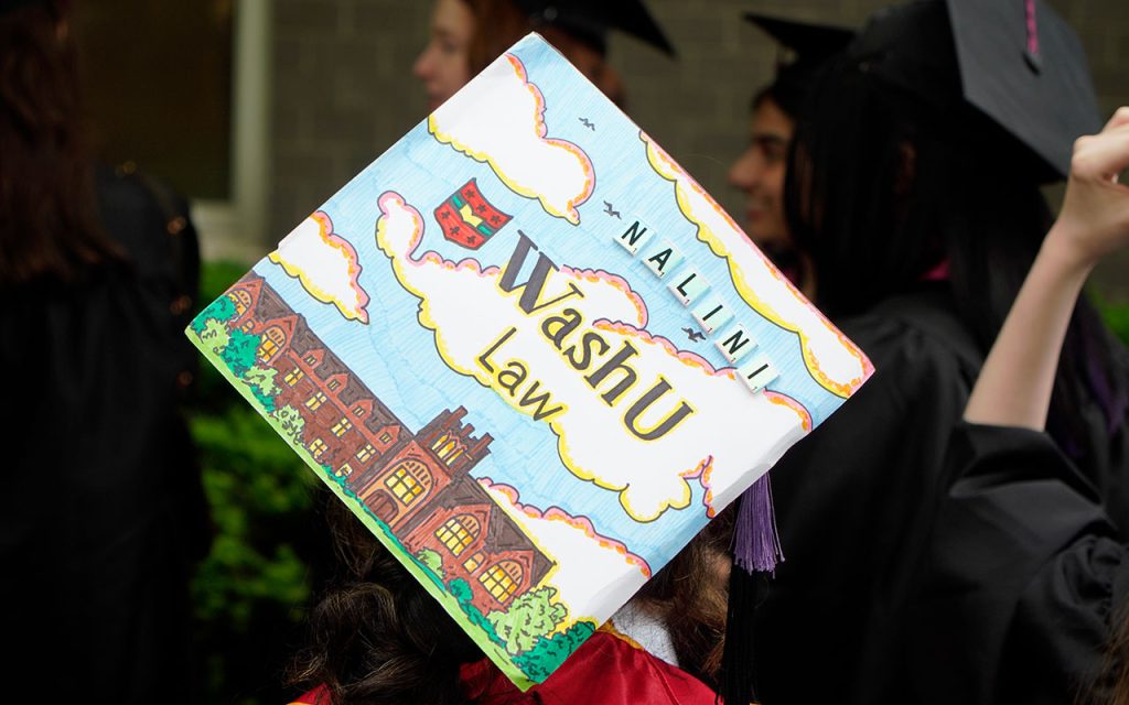 Commencement cap decorated with the message "Nalini, Wash U Law"