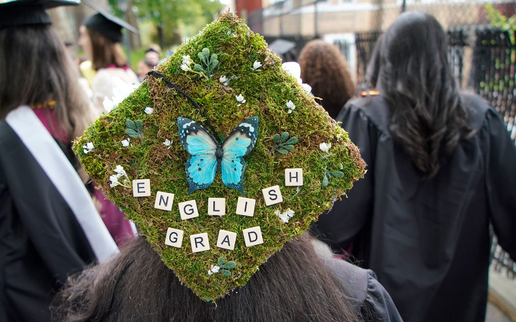 Commencement cap decorated with the message "English grad" 