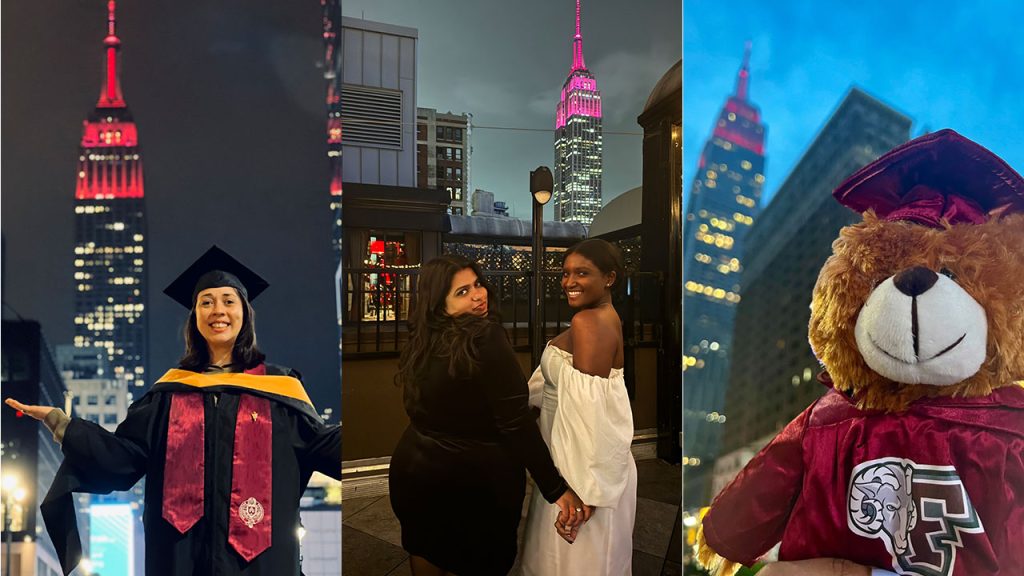 3 images in collage. Grads posing with the Empire State building lit up maroon. Right image is of a Fordham teddy bear in front of it.