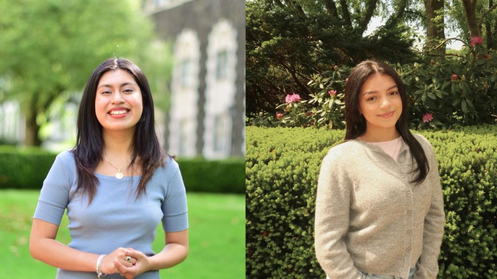 11 Students Earn Gilman Scholarships for International Study A side-by-side photo of two women, both posing against outdoor backdrop, representing Fordham's 2025 Gilman scholars