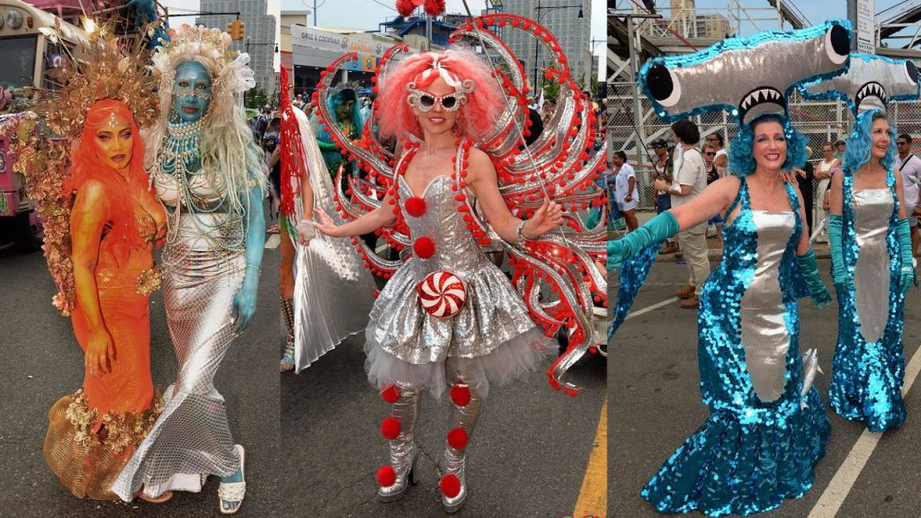 A collage of 3 different photos together, all different people dressed up in colorful costumes of undersea creatures. Mermaids (left), octopus (middle), and hammerhead sharks (right).