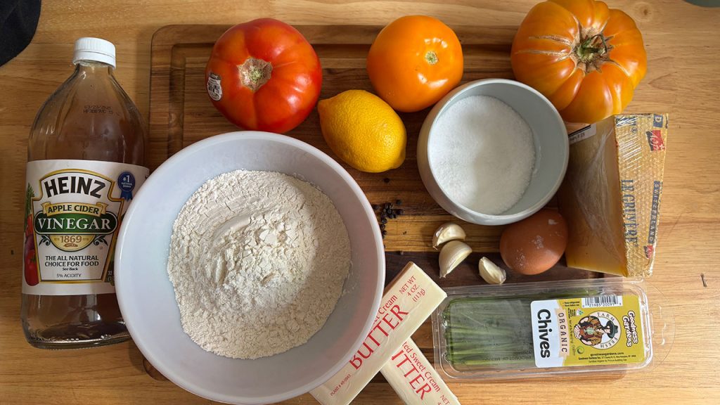 Ingredients out to cook, butter, tomatoes, flour