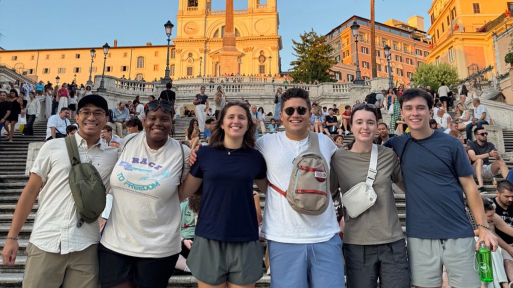 At World Youth Day, ‘Open Hearts, Open Eyes, and Open Minds’ l to r: Fordham students Aidan Nanquil, Anne-Sophie Gray, and Gabriella Chinnici; Campus Ministry chaperone Augustine Preziosi; and Fordham students Genevieve Curoe and Jack O'Brien