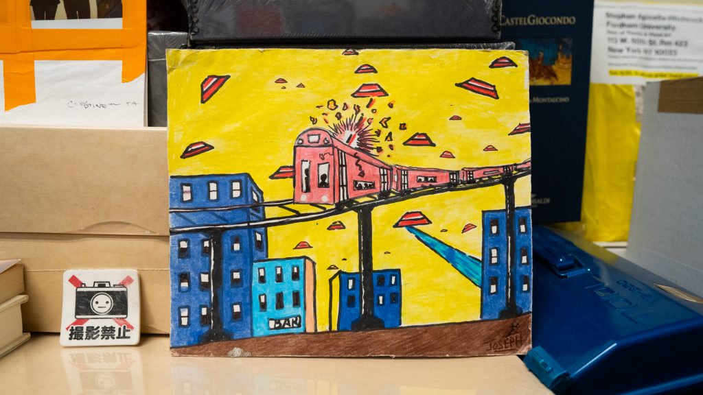 A painting of a subway car being attacked by UFOs