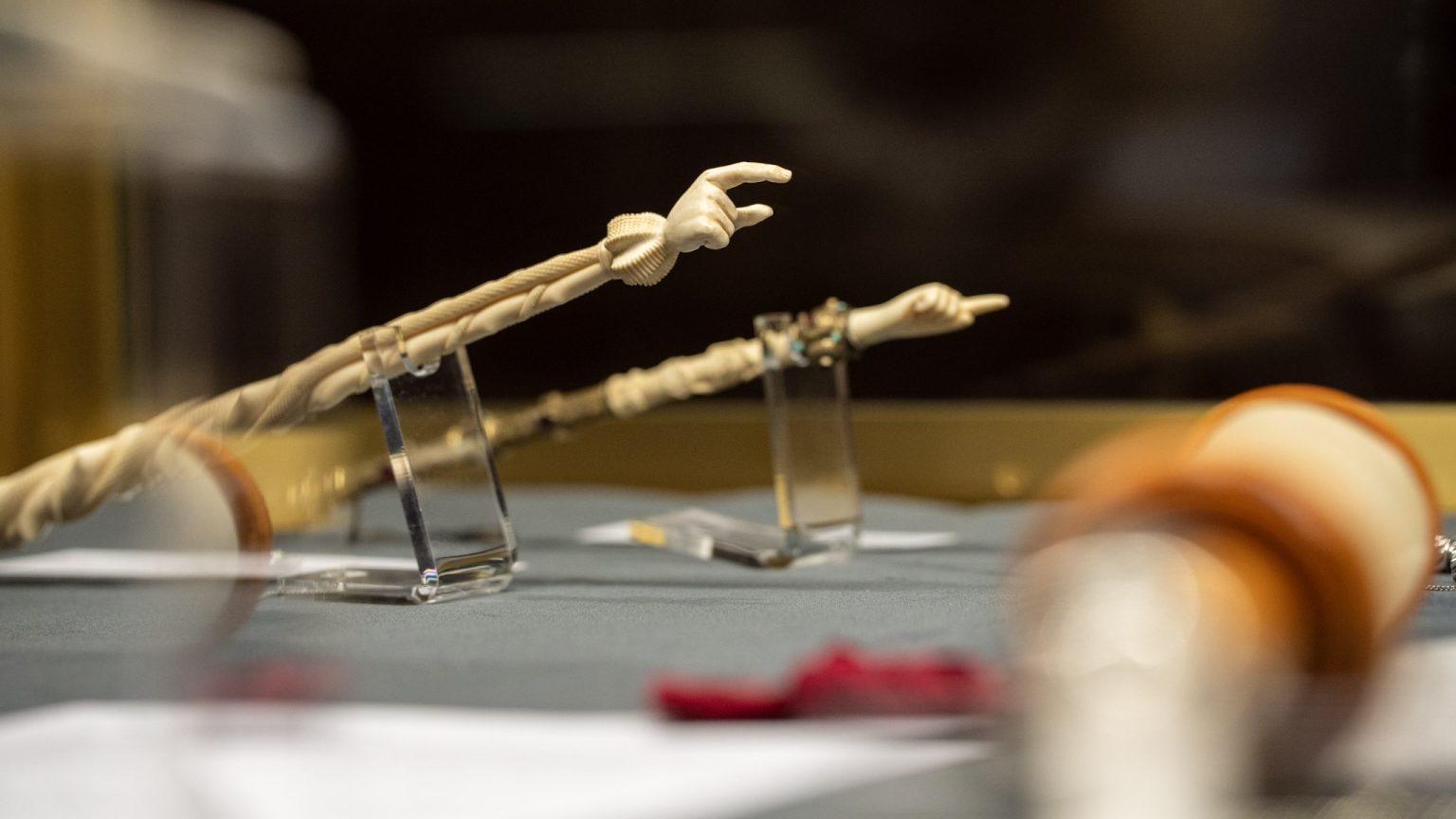 Two torah pointers or yads on display at Fordham.