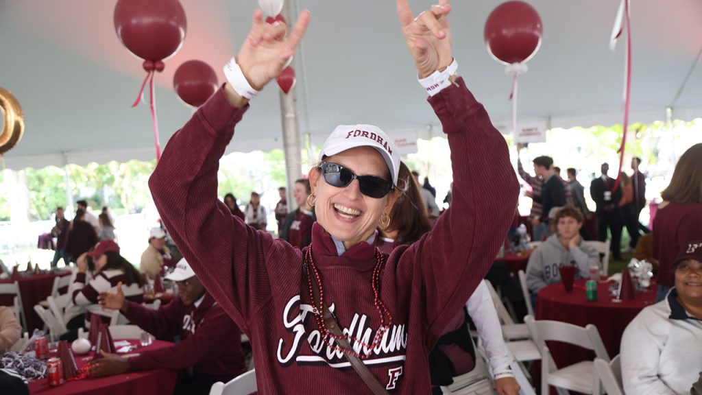 A Fordham fan under the tent