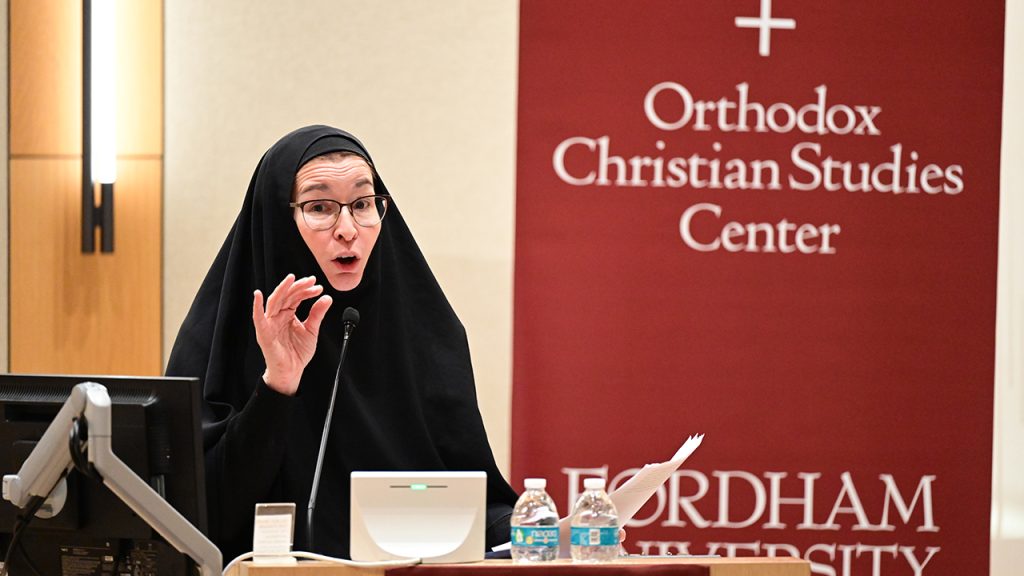 Sister Vassa Larin delivering the Economos Orthodoxy in America Lecture at Fordham.