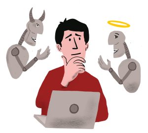 Illustration of a person on a laptop with "angel" and "devel" robot figures above his shoulders