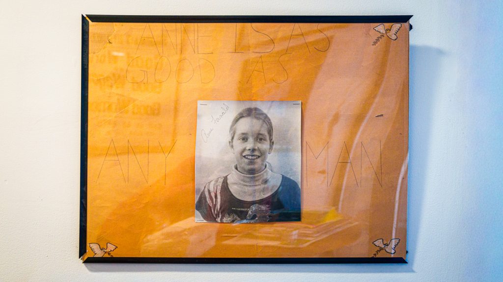 A black and white photo of Anne Fernald when she was in sixth grade on her campaign poster