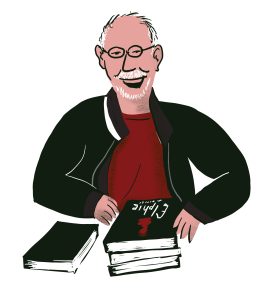 Illustration of author Gregory Maguire with his book Elphie