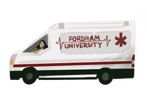Illustration of an ambulance with "Fordham University" written on the side