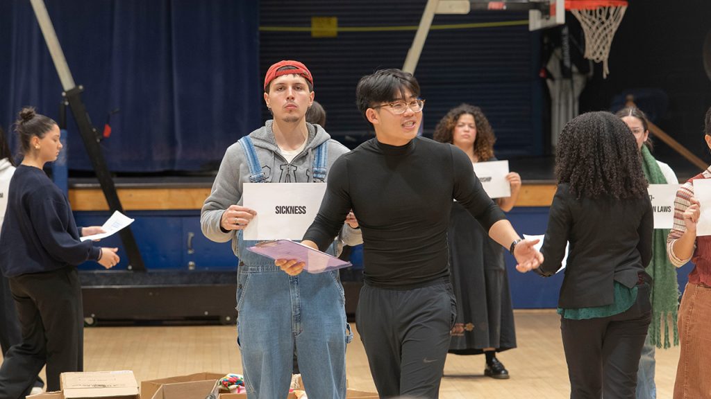 Fordham theater students performing in a gymnasium at Goddard Riverside, a community center near the Lincoln Center campus, for a class on theater and social justice