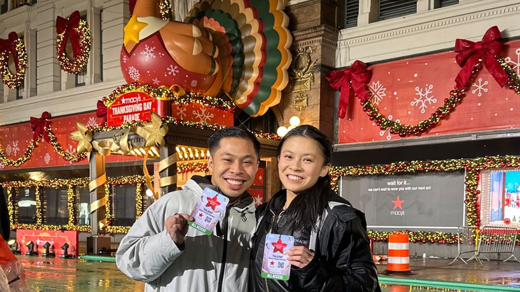 The Farcon siblings pose in front of Macy's during the Thankgiving Day Parade