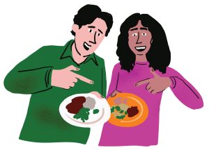 Illustration of two students pointing to food on plates