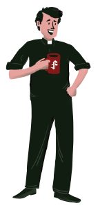 Illustration of a Jesuit holding a mug of coffee