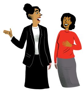 Illustration of two people talking and smiling